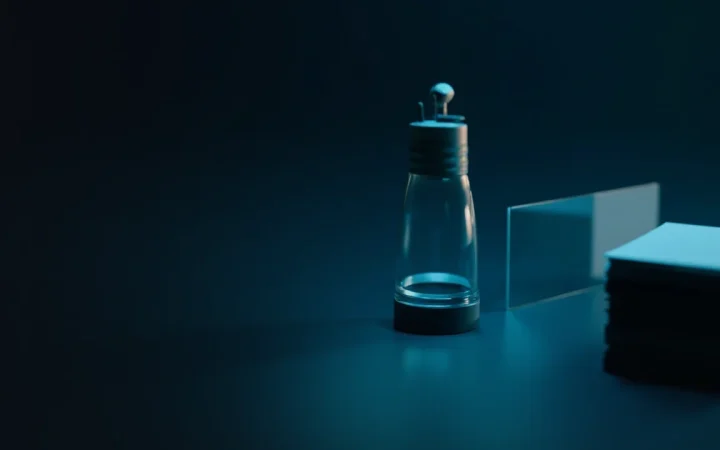I lysende cyan tekst over et mørkeblåt skrivebord med et stopur og et tomt glaspanel.