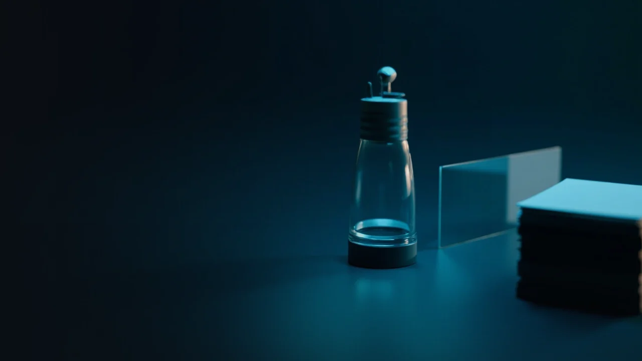 I lysende cyan tekst over et mørkeblåt skrivebord med et stopur og et tomt glaspanel.