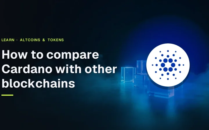 The title How to compare Cardano with other blockchains above the Cardano logo and glowing blue blocks joined by light on a dark navy background.