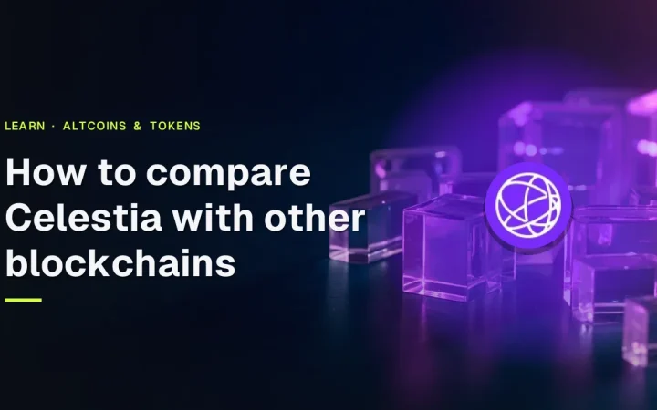 Titlen Sådan sammenligner du Celestia med andre blockchains over en mørk marineblå baggrund af glasblokke forbundet af violet lys.