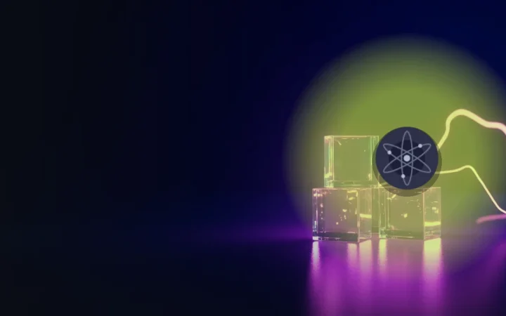 Cosmos-logoet over en mørk baggrund af glødende glasblokke forbundet af violette linjer.