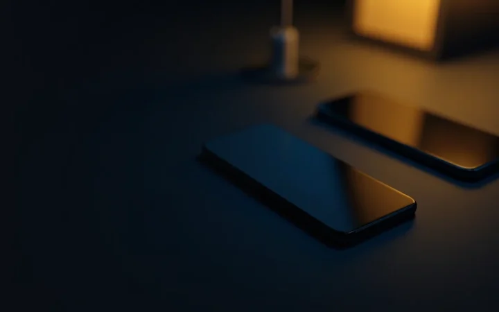 Un escritorio azul marino oscuro con dos smartphones de pantalla en blanco iluminados por una luz dorada.