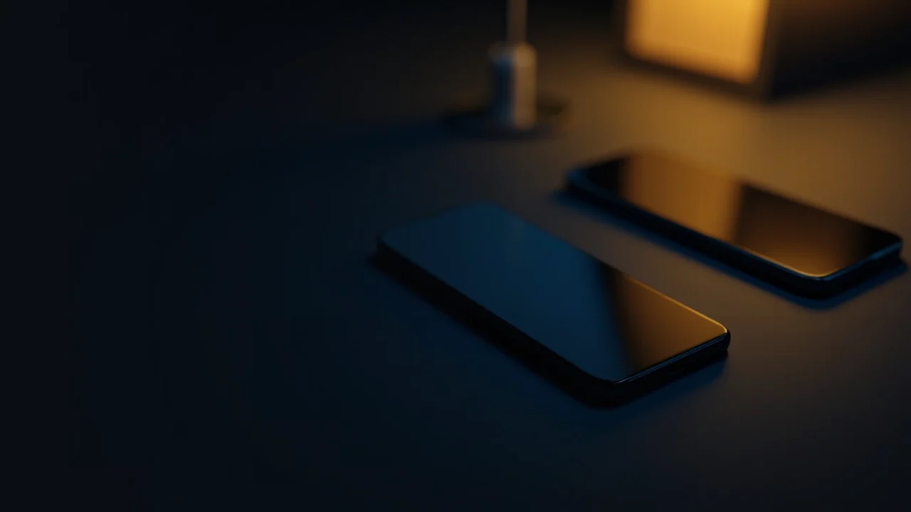 Et mørkeblåt skrivebord med to smartphones med blank skærm oplyst af gyldent lys.