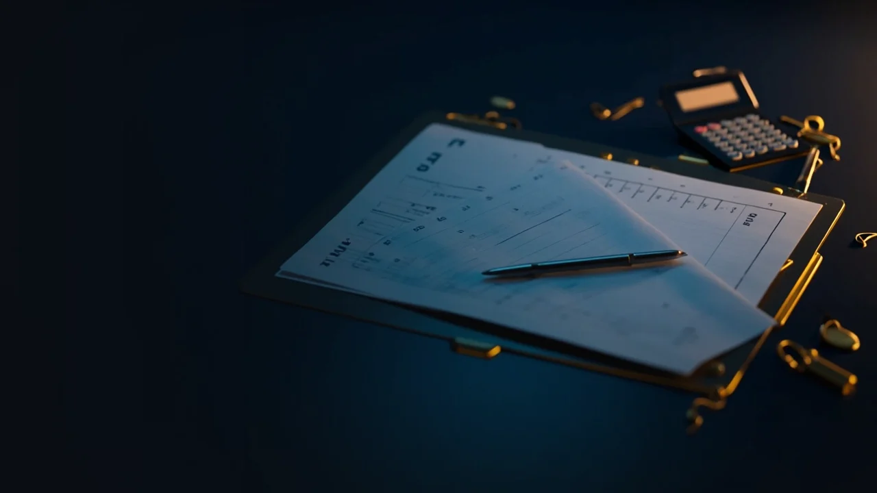 A dark navy desk with blank fee schedules, a folder, a calculator and a pen, lit by gold accents.