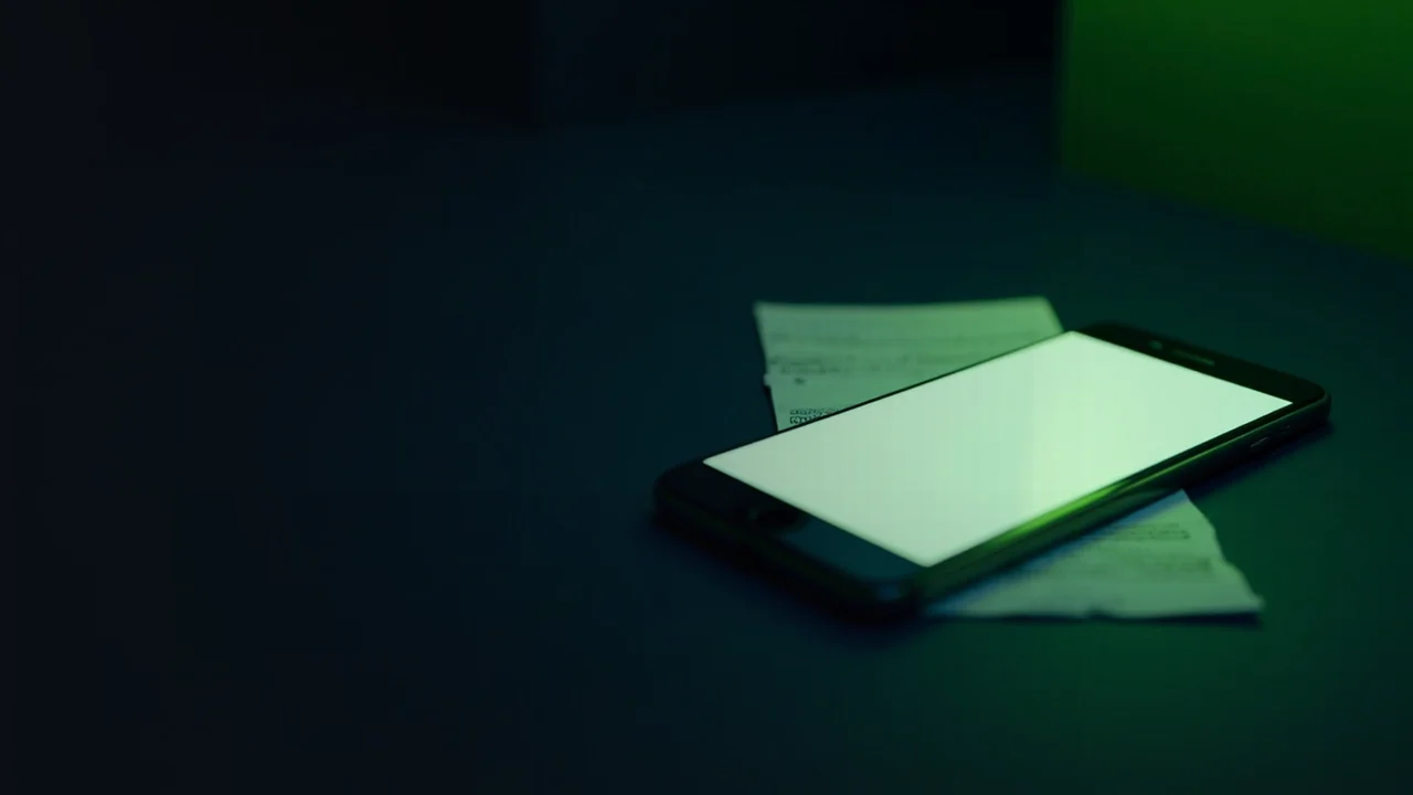 Un escritorio oscuro con un smartphone en blanco y un extracto bancario doblado a la derecha, iluminado por una luz verde lima, con el lado izquierdo vacío y oscuro.