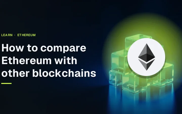 The title How to compare Ethereum with other blockchains and the Ethereum logo over a dark navy background of glass blocks joined by blue light.