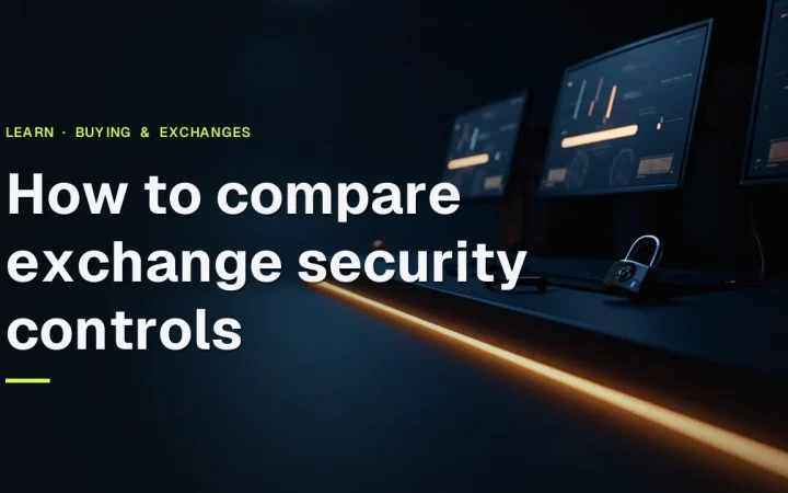 The title How to compare exchange security controls over a dark desk with monitors showing abstract glowing bars and a padlock.