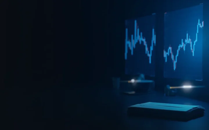 En mørk navy scene med lysende blå skærme og datakort, der repræsenterer sammenligning af børsvolumendata for krypto.