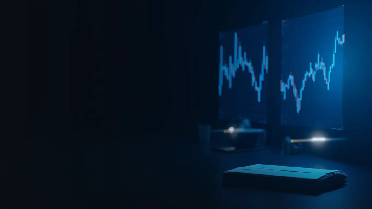 En mörk marinblå scen med glödande blå skärmar och datakort som representerar jämförelse av volymdata från kryptobörser.