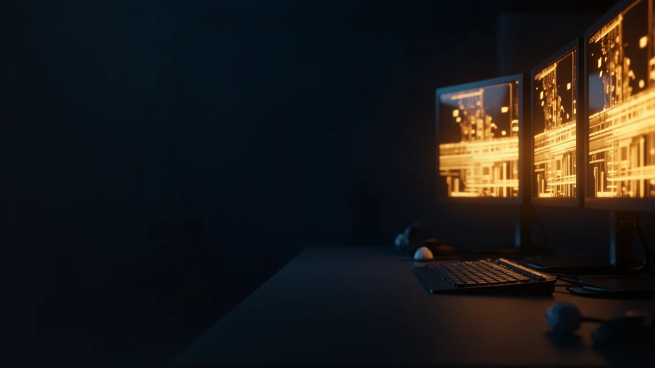 Un bureau sombre avec des écrans lumineux.