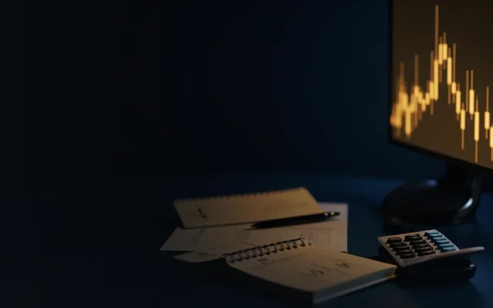 Una mesa oscura con un monitor encendido, una calculadora y un libro de órdenes.
