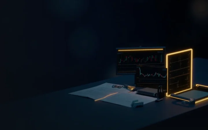 A dark navy desk with monitors, a blank fee card, a document, and a padlock.