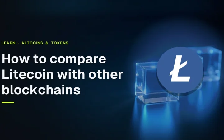 The title How to compare Litecoin with other blockchains with the Litecoin logo over glass blocks joined by light on a dark navy background.