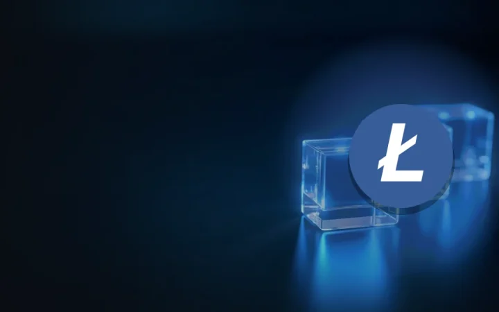 Litecoin-logoet over glasblokke forbundet af lys på en mørkeblå baggrund.