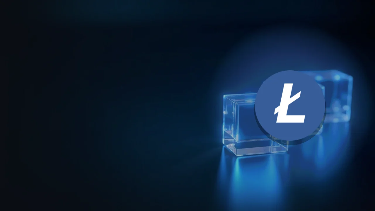 Litecoin-logoet over glasblokke forbundet af lys på en mørkeblå baggrund.