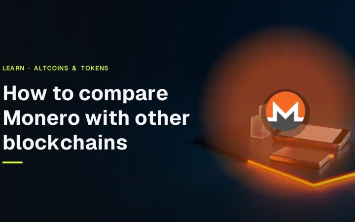 Monero guide cover with title and logo over glass blocks joined by orange light on a dark navy background