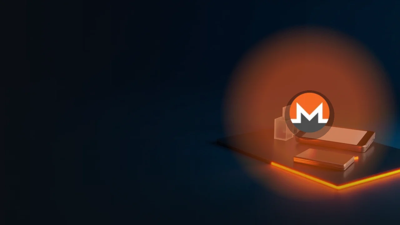 The Monero logo over glass blocks joined by orange light on a dark navy background.
