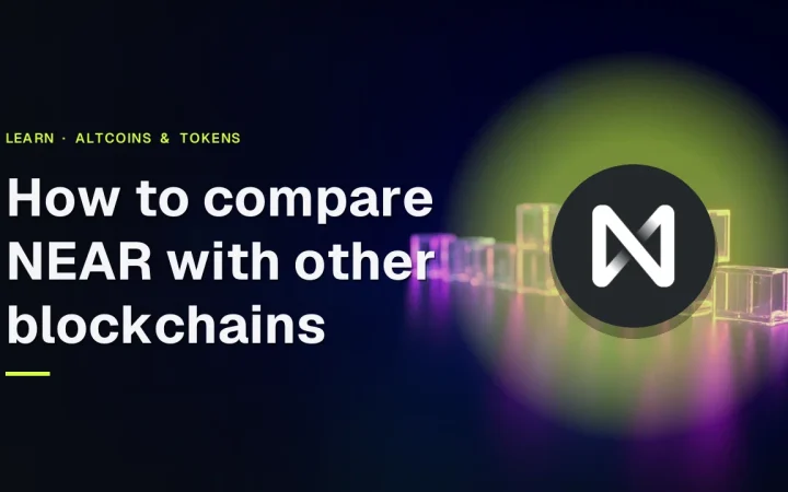 The title How to compare NEAR with other blockchains over a dark backdrop of glowing glass blocks joined by violet light.