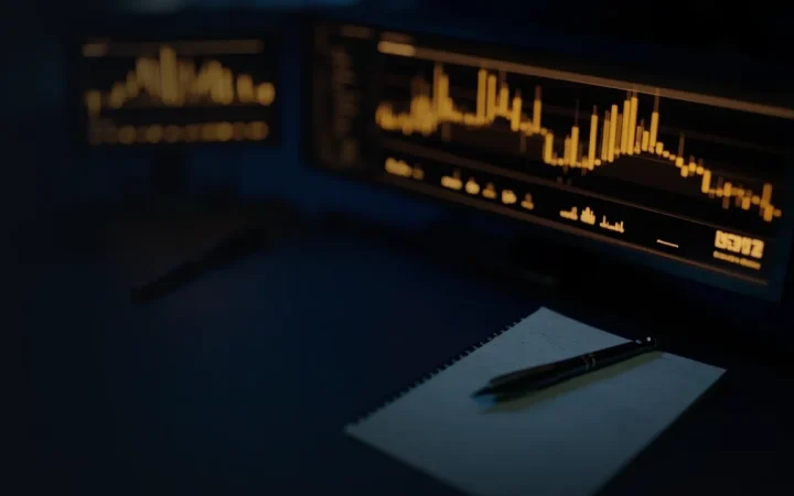 A dark desk with glowing gold charts and a blank notepad.