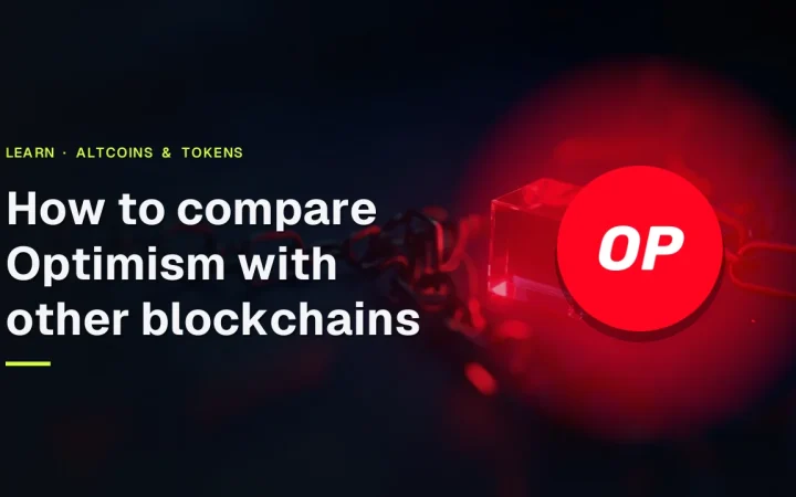 A glowing red glass block on a dark navy background, with the title How to compare Optimism with other blockchains and the Optimism logo.