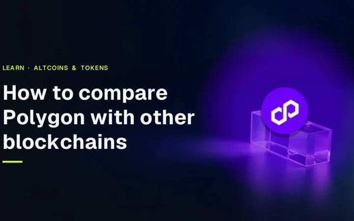 The title How to compare Polygon with other blockchains and the Polygon logo over linked glass blocks glowing violet on a dark navy background.