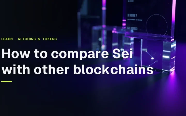 The title How to compare Sei with other blockchains over glass blocks joined by violet light on a dark navy background.