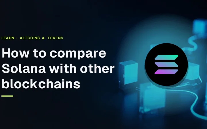 The title How to compare Solana with other blockchains and the Solana logo over a dark background with glowing cyan glass blocks.