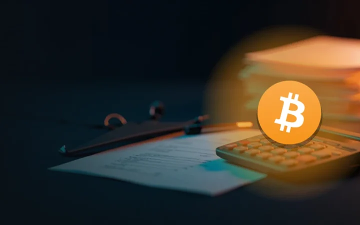 Le logo Bitcoin sur un bureau bleu marine sombre avec des formulaires vierges, une calculatrice et un stylo, éclairé par une lueur orange à droite.