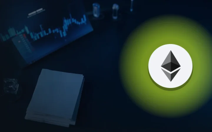 Ethereum-logoet over et mørkt skrivebord med et glødende blåt diagram og tomme hæfter.