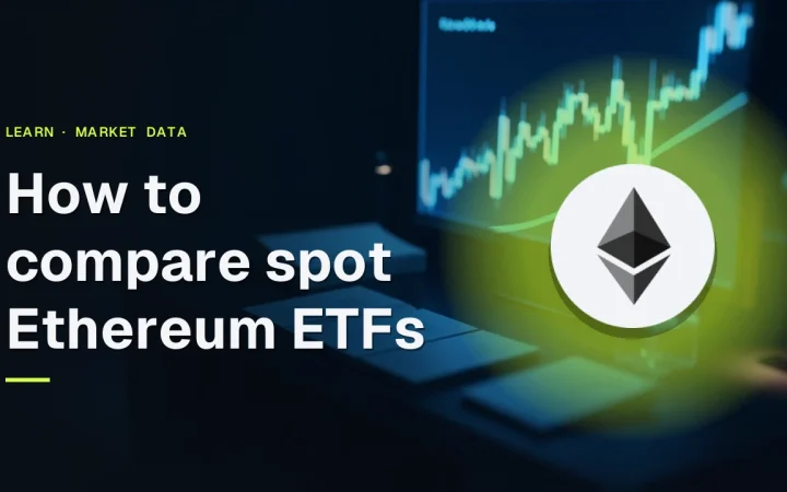 Titlen Sådan sammenligner du spot Ethereum-ETF'er med Ethereum-logoet over et mørkt skrivebord med en lysende blå graf og blanke hæfter.