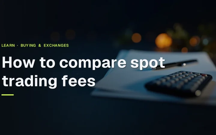 The title How to compare spot trading fees over a dark navy desk with a calculator, blank paper and a pen lit by gold glow.