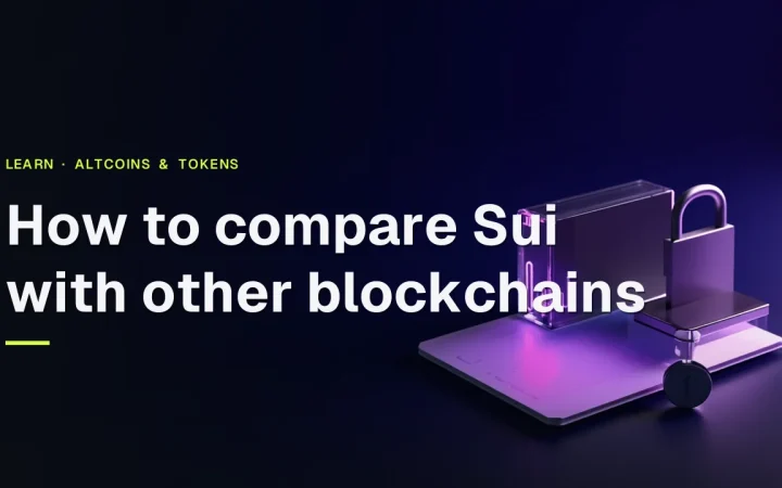 The title How to compare Sui with other blockchains over a dark navy background with glass blocks, glowing bars and a padlock on the right.