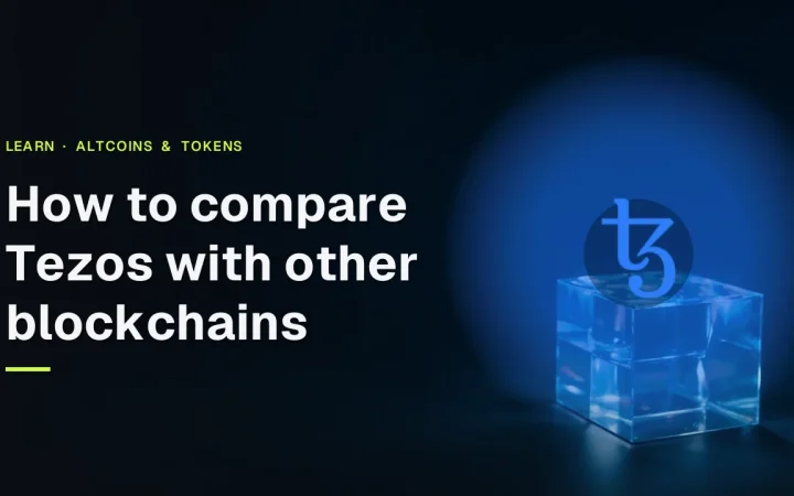 Tezos guide cover with the Tezos logo over a dark navy scene of glass blocks joined by glowing blue light.