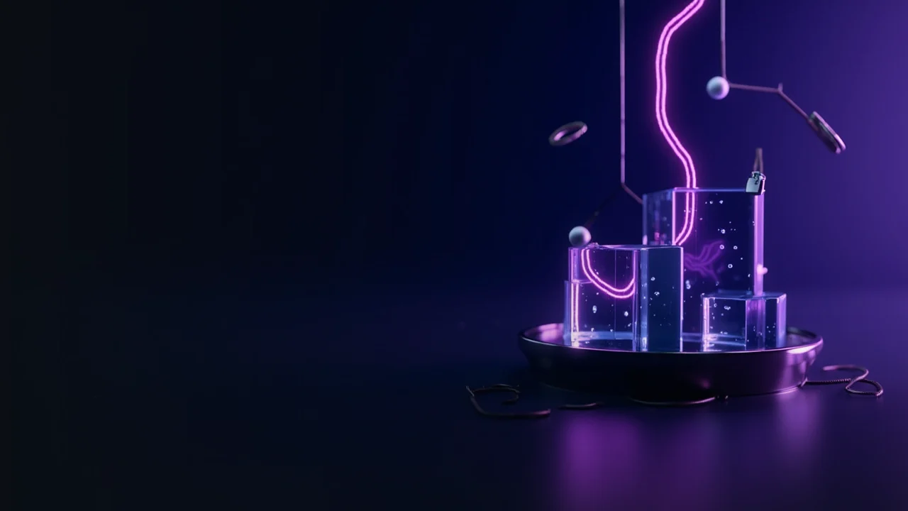 Un fond bleu marine foncé avec des cubes de verre reliés par une lumière violette sur la droite.