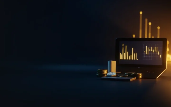 Et mørkt skrivebord med skærme, en tom hardware-wallet, en stålplade og en hængelås.