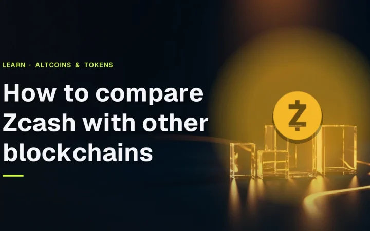 The title How to compare Zcash with other blockchains and the Zcash logo over dark glass blocks joined by golden light.