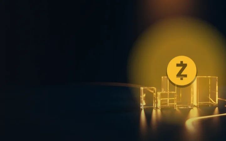 Zcash-logoet over mørke glasblokke forbundet af gyldent lys.