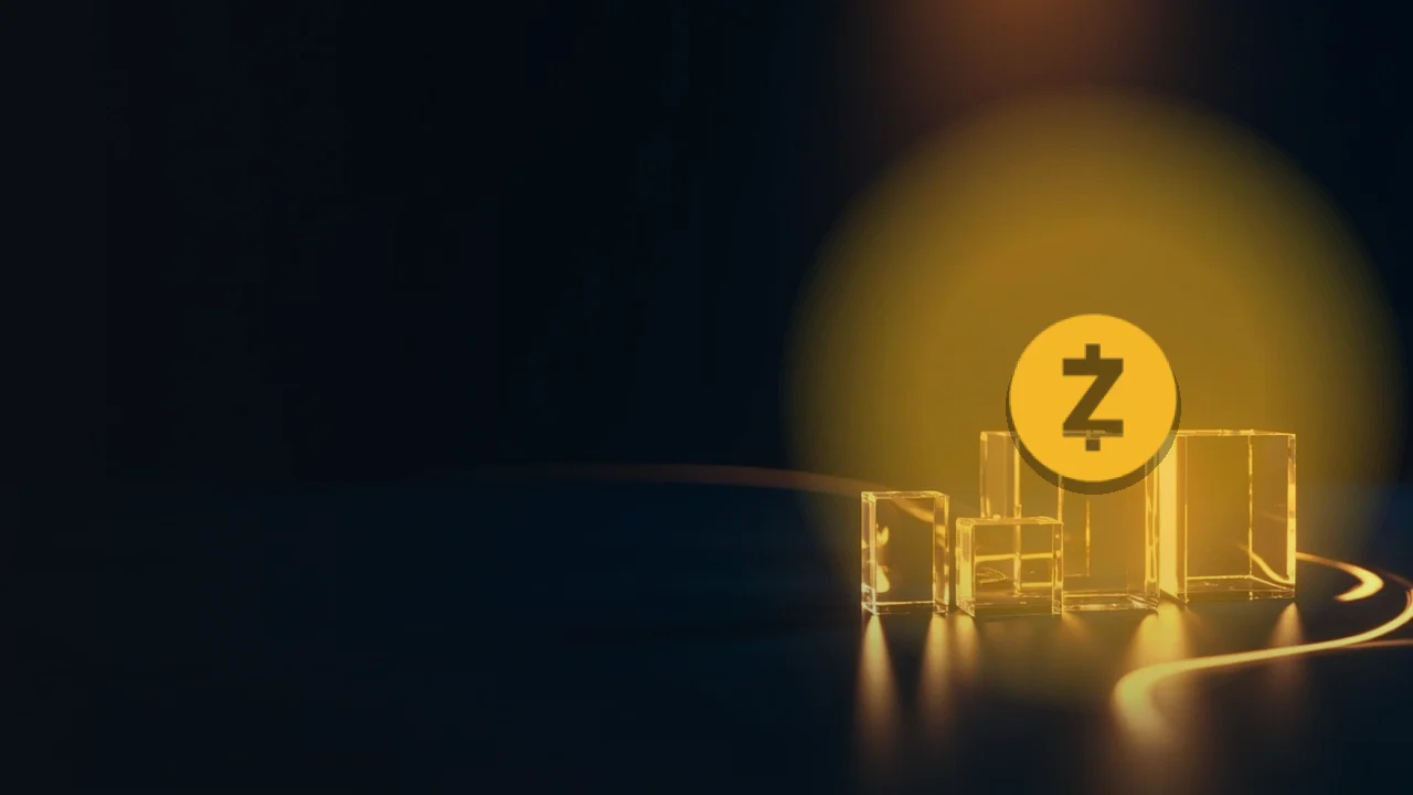 Das Zcash-Logo über dunklen Glasblöcken, die durch goldenes Licht verbunden sind.