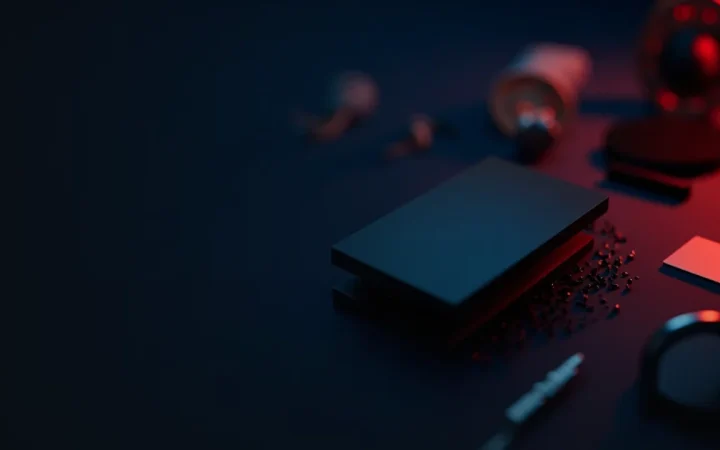 En hardware wallet med en tom skærm, en stålplade, en hængelås og et skjold på et mørkeblåt skrivebord med rød glød.