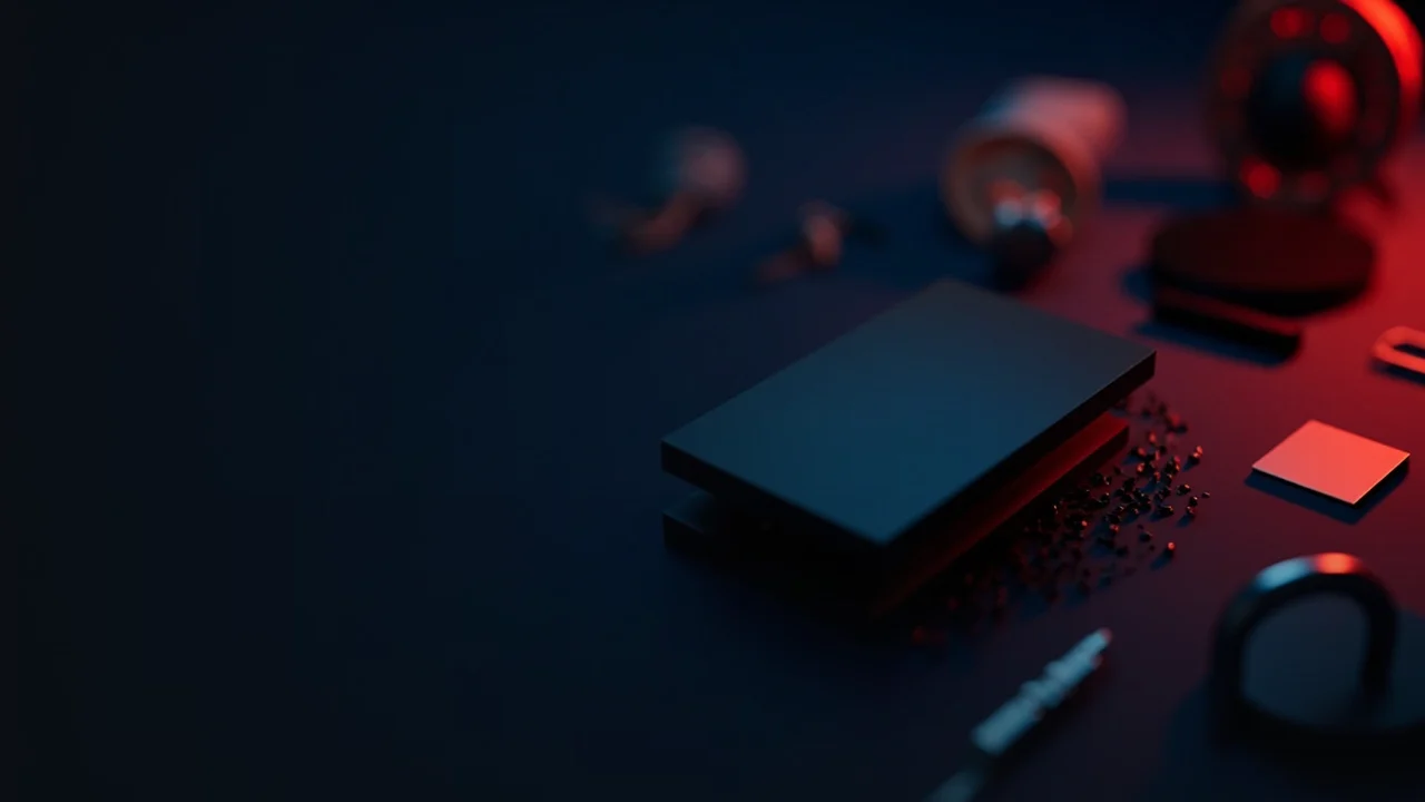 A hardware wallet with a blank screen, a steel plate, a padlock, and a shield on a dark navy desk with red glow.