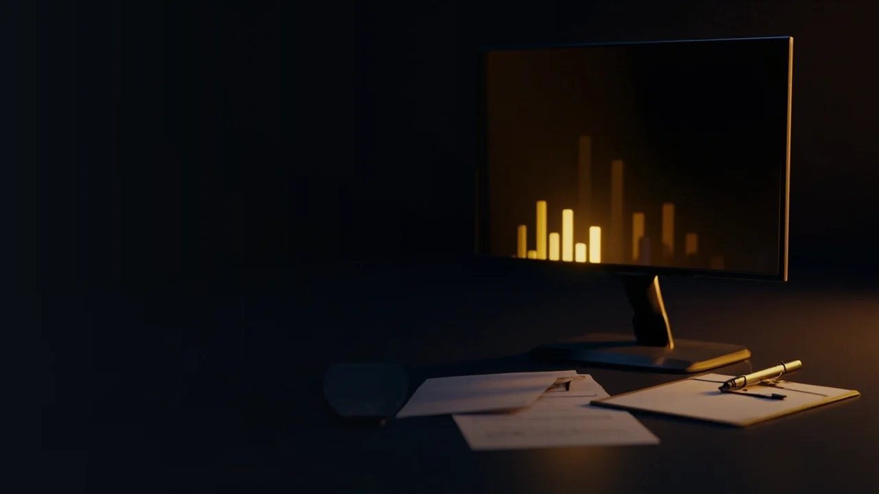 Un bureau sombre avec un écran vierge, des formulaires et un stylo dans une lumière dorée.