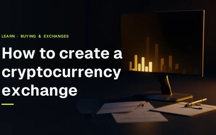 The title How to create a cryptocurrency exchange appears over a dark desk with a blank monitor, forms, and a pen in gold light.