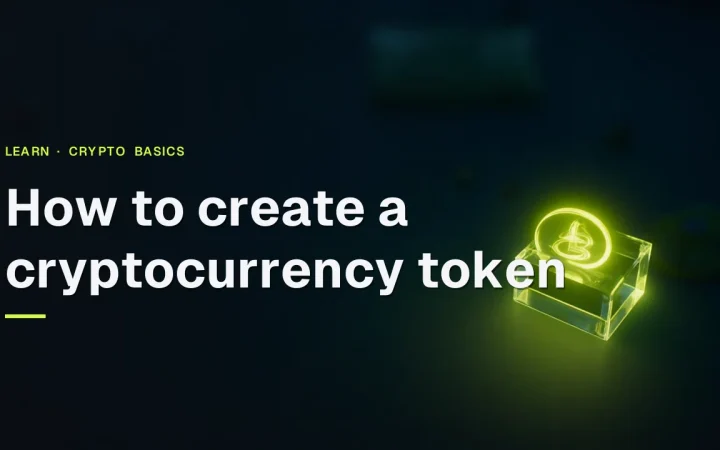 Der Titel Wie man einen Kryptowährungs-Token erstellt über einer dunklen Werkbank mit einem leuchtenden Münzprototyp und einem Glasblock.