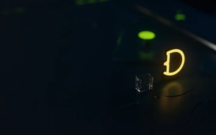 光るコインの試作品とガラスのブロックが置かれた暗い作業台。