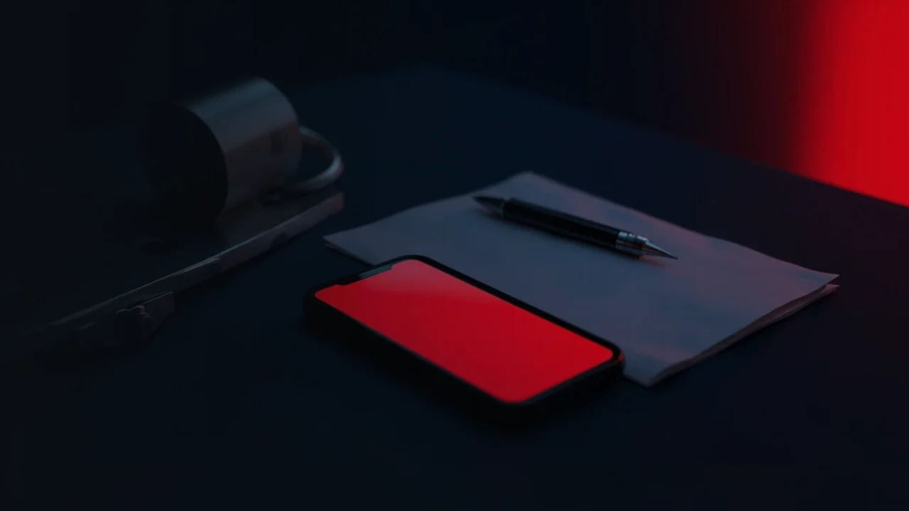 A dark navy scene with a phone, steel plate, padlock, blank paper and pen lit by red glow on the right, left side empty.