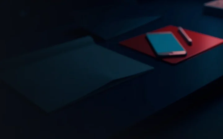 A dark navy scene with a blank notebook, pen, phone and folder on the right half.