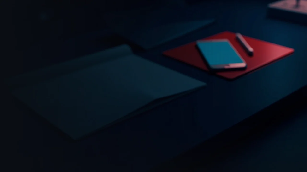 A dark navy scene with a blank notebook, pen, phone and folder on the right half.