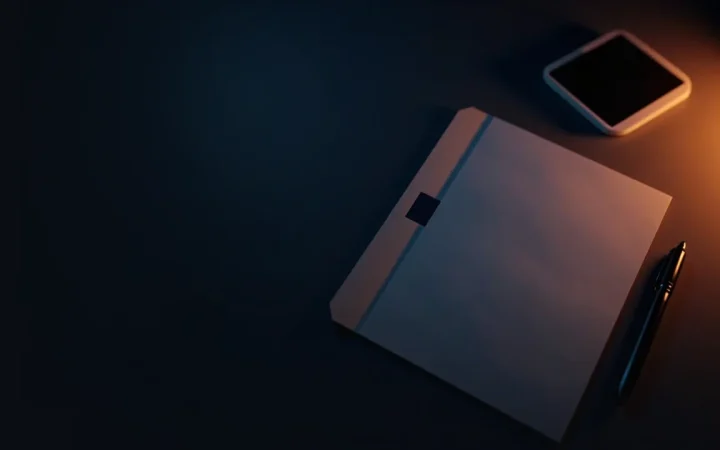 Un escritorio oscuro con un formulario en blanco, un bolígrafo, un dispositivo con la pantalla en blanco y una carpeta bajo una luz naranja cálida.