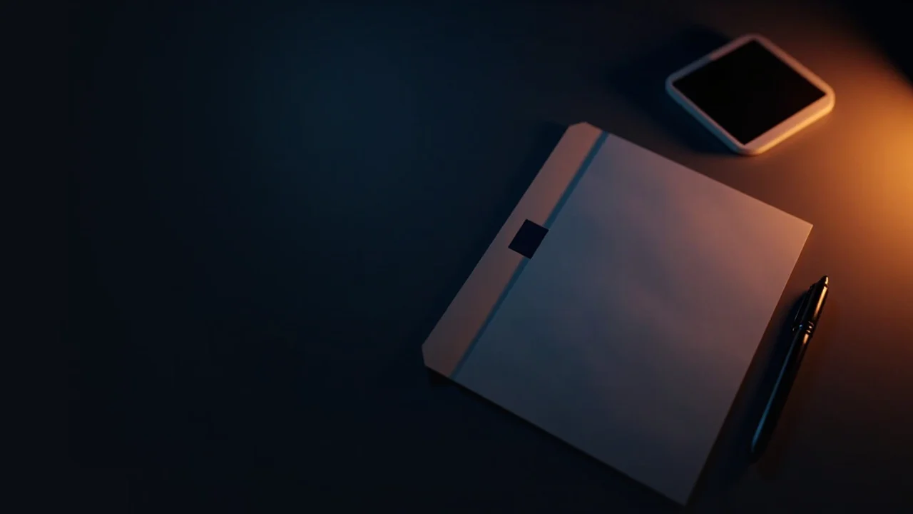 A dark desk with a blank form, pen, blank-screen device and folder under warm orange light.