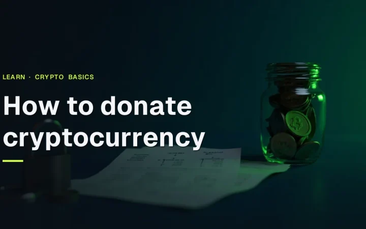 How to donate cryptocurrency title over a dark navy scene with a glass jar of coins, receipt paper and padlock in lime green light.
